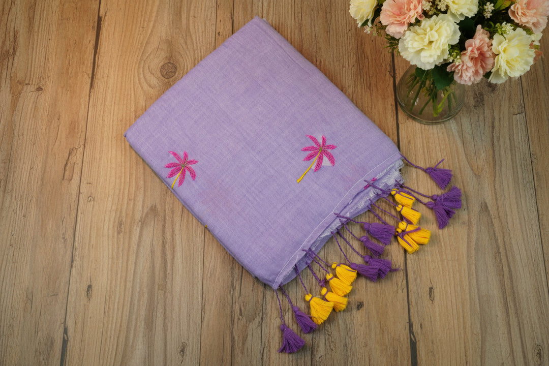 Lavender Color Mul Cotton Embroidery Saree (without blouse)