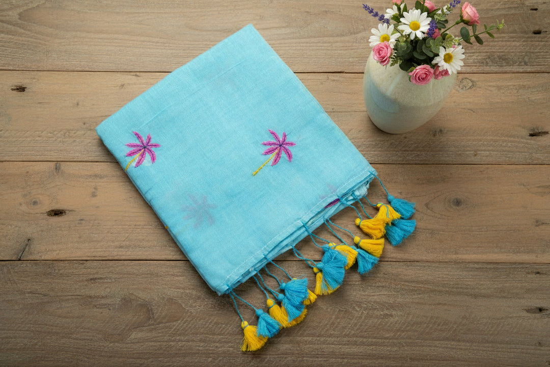 Sky Blue Color Mul Cotton Embroidery Saree (without blouse)