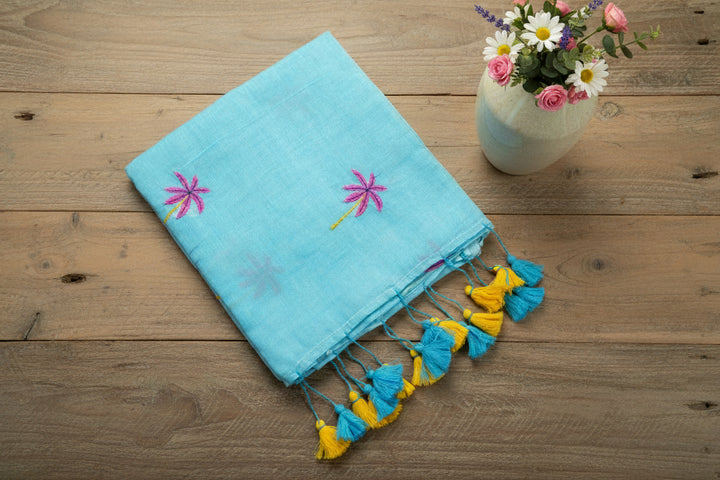Sky Blue Color Mul Cotton Embroidery Saree (without blouse)