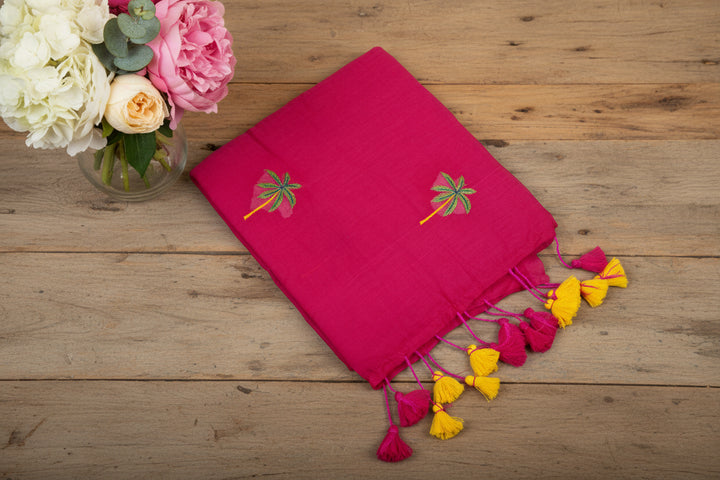 Magenta Pink Color Mul Cotton Embroidery Saree (without blouse)