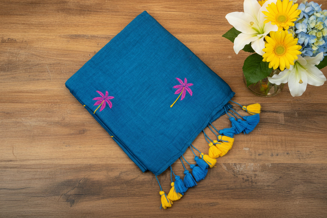 Peacock Blue Color Mul Cotton Embroidery Saree (without blouse)