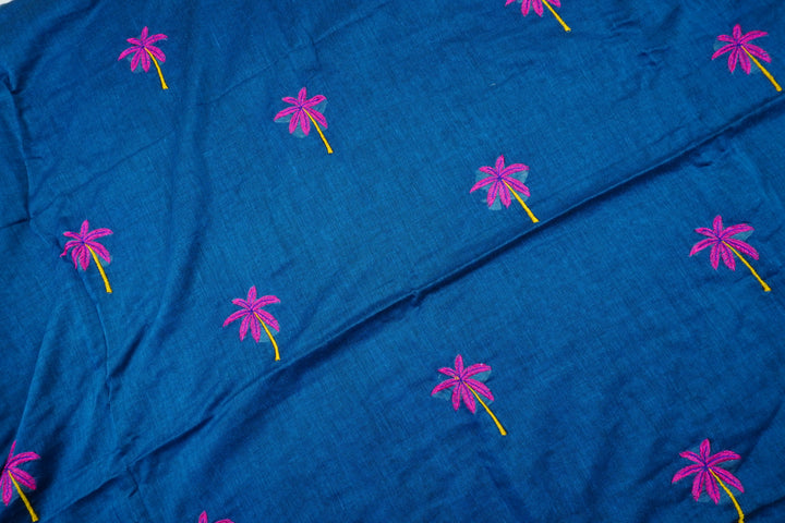 Peacock Blue Color Mul Cotton Embroidery Saree (without blouse)