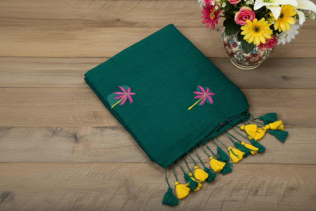 Bottle Green Color Mul Cotton Embroidery Saree (without blouse)