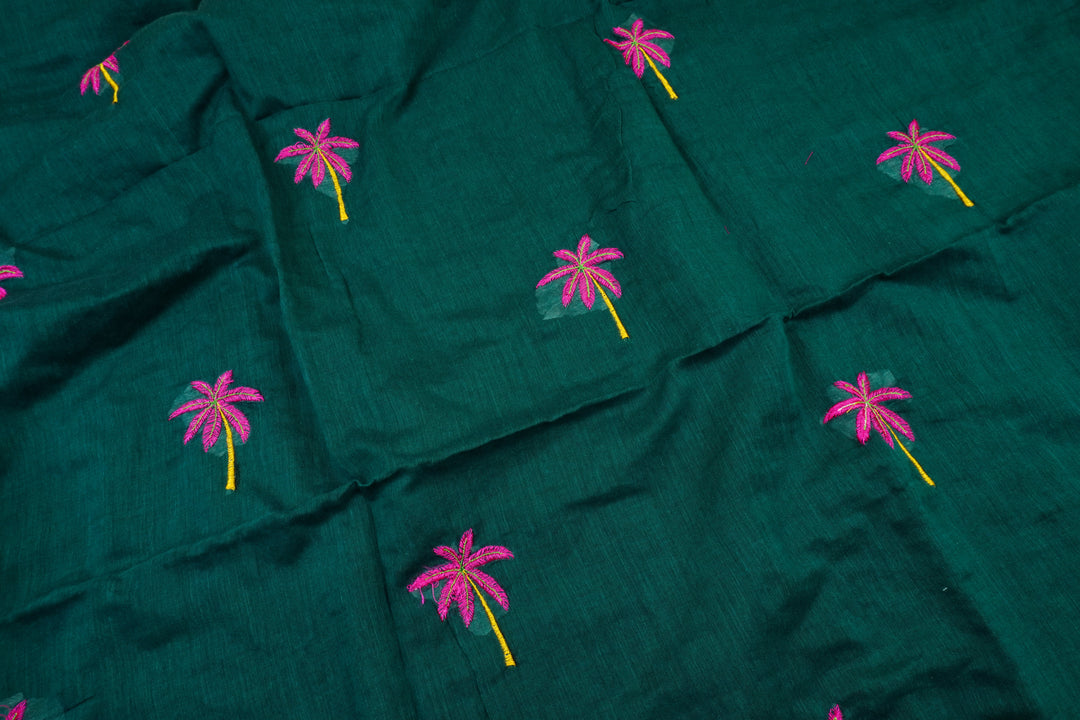 Bottle Green Color Mul Cotton Embroidery Saree (without blouse)