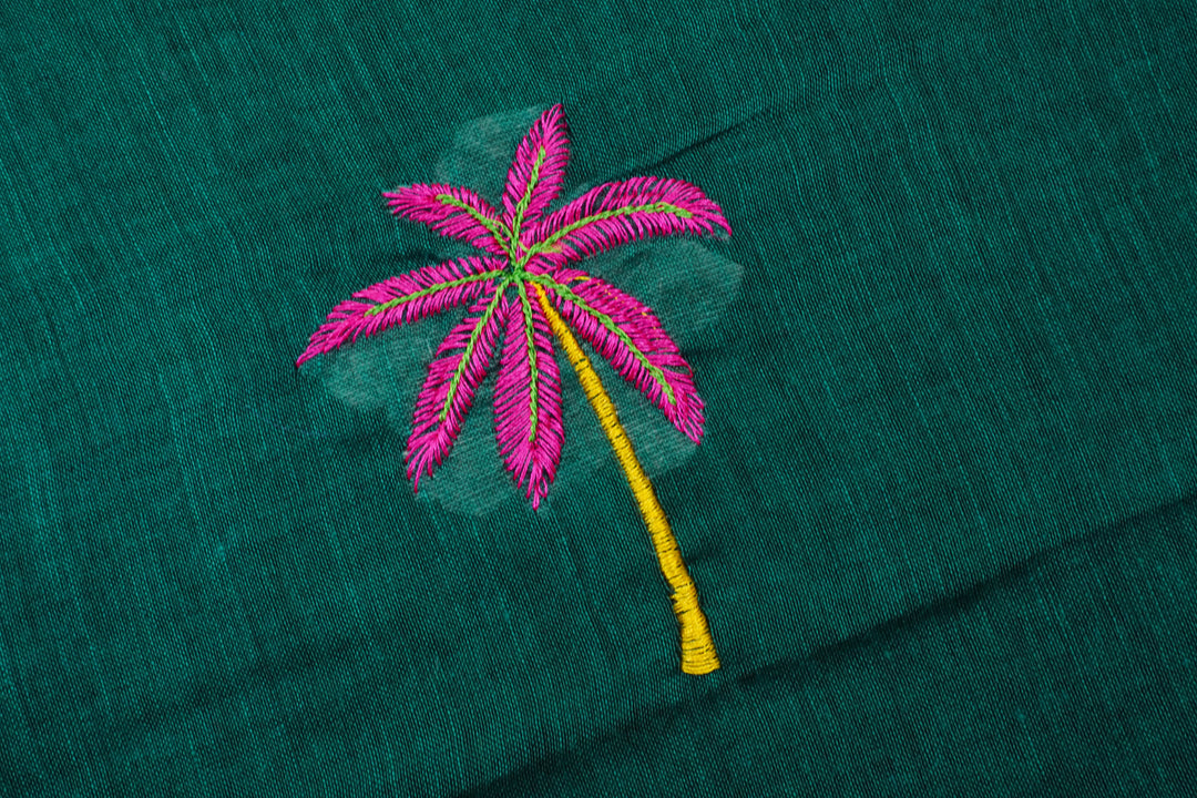 Bottle Green Color Mul Cotton Embroidery Saree (without blouse)
