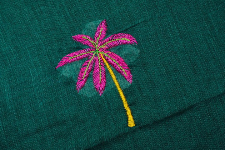 Bottle Green Color Mul Cotton Embroidery Saree (without blouse)