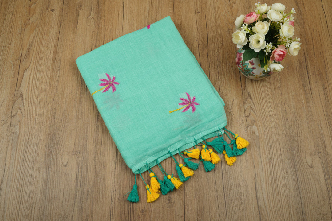 Light Green Color Mul Cotton Embroidery Saree (without blouse)