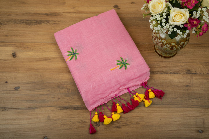 Pink Color Mul Cotton Embroidery Saree (without blouse)
