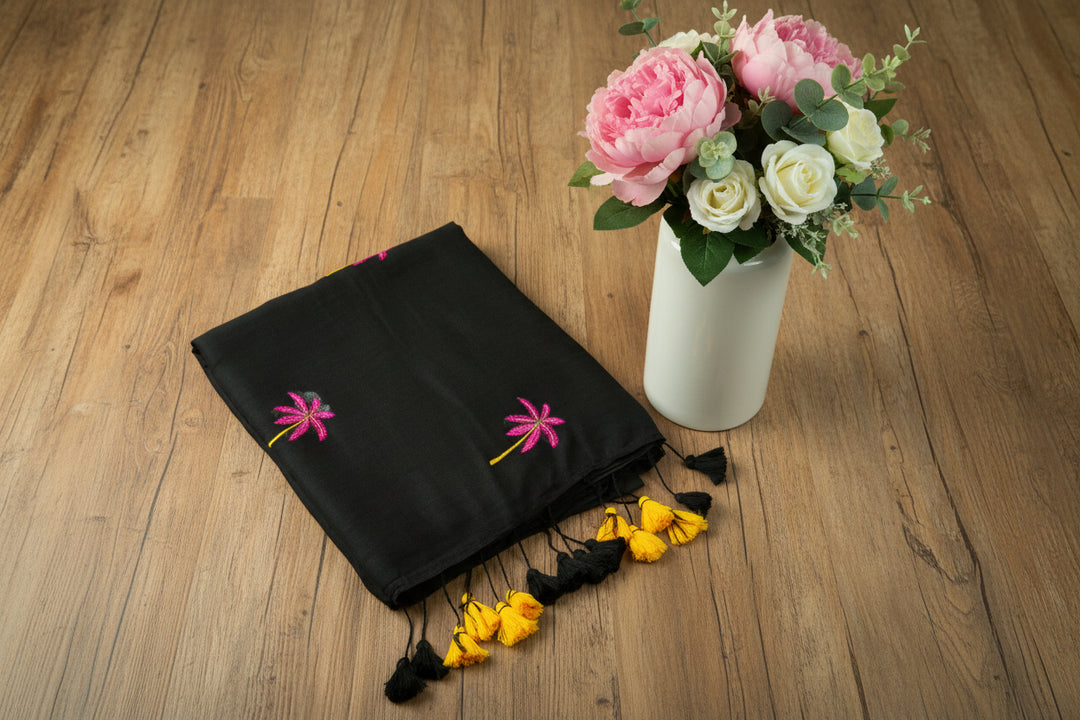 Black Color Mul Cotton Embroidery Saree (without blouse)