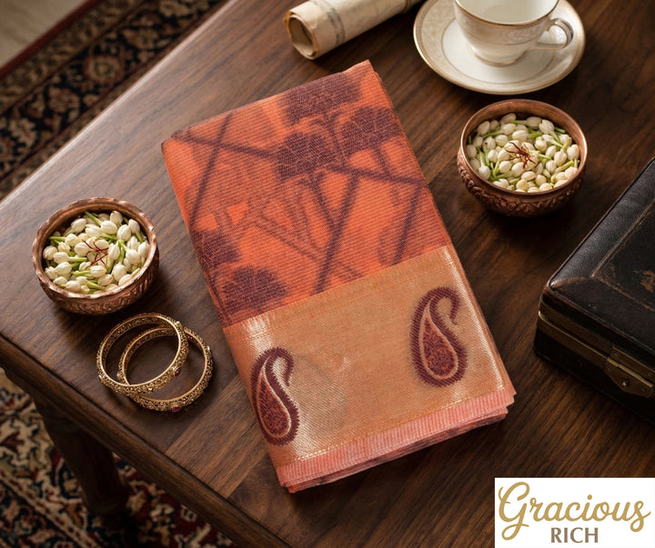 Pink Orange Color Handloom Fancy Cotton Saree