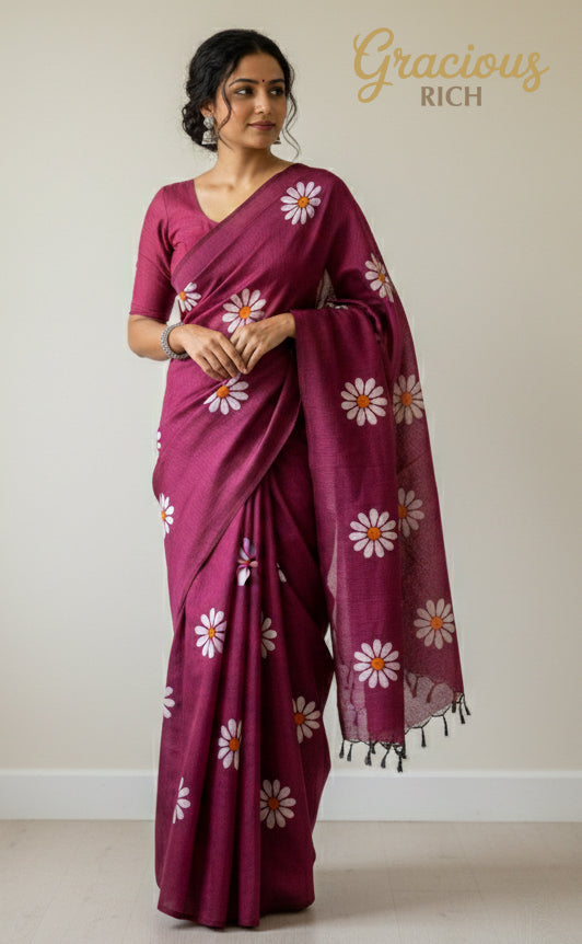 Purple Color Sunflower Khadi Cotton Saree