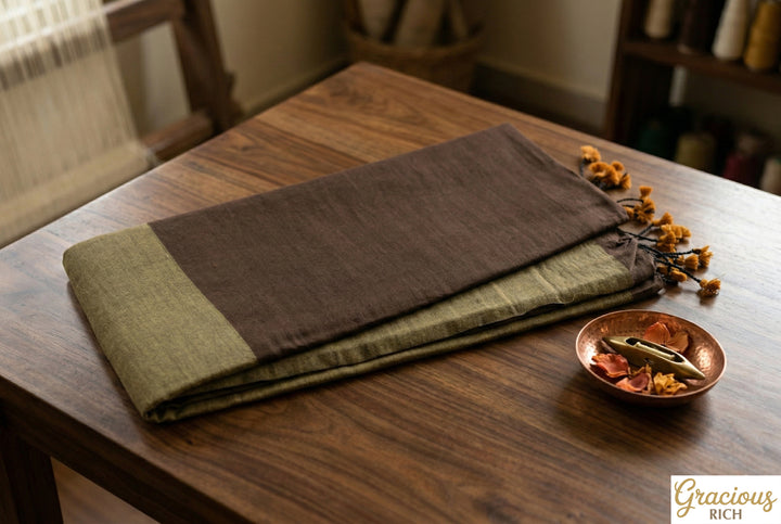 Coffee Brown Color Khadi Cotton Saree with contrast blouse & Pallu