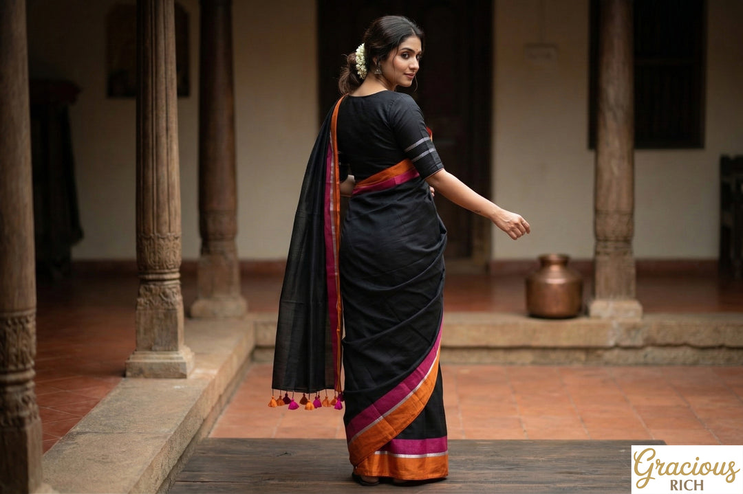 Black Mul Cotton Saree with Contrast Border (without blouse)