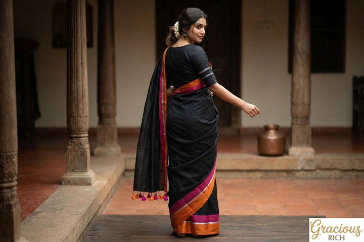 Black Mul Cotton Saree with Contrast Border (without blouse)