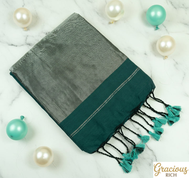 Dark Green Color Khadi Cotton plain Saree Zari Pallu with plain blouse