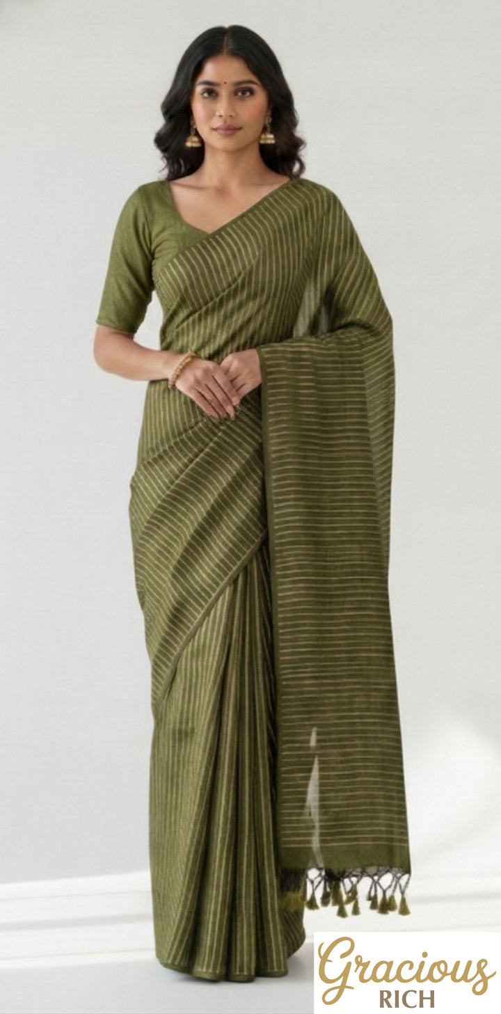Olive Green Color Khadi Cotton Zari Stripes Saree with plain blouse