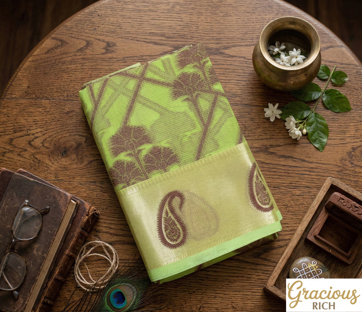 Green Peas Color Handloom Fancy Cotton Saree