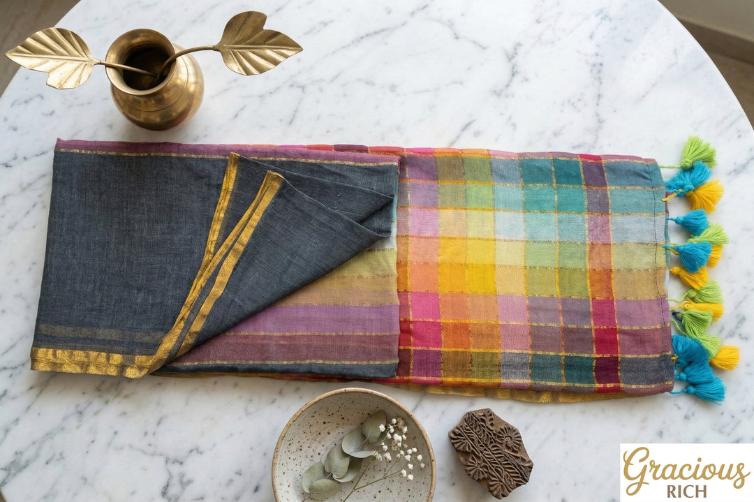 Zari Mul Cotton Rainbow Saree (Grey)