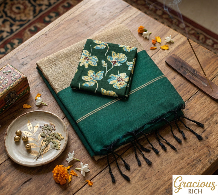 Dark Green Color Kadhi Cotton Plain Saree