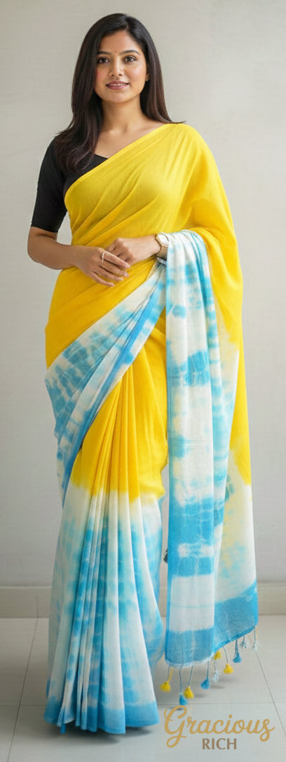 Yellow Color Mul Mul Cotton Tie & Dye without Blouse