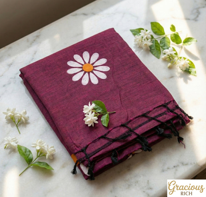 Purple Color Sunflower Khadi Cotton Saree