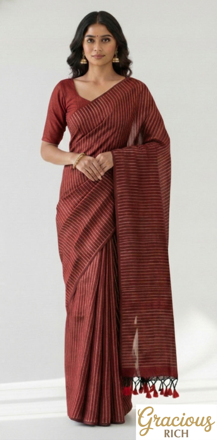Red Color Khadi Cotton Zari Stripes Saree with plain blouse