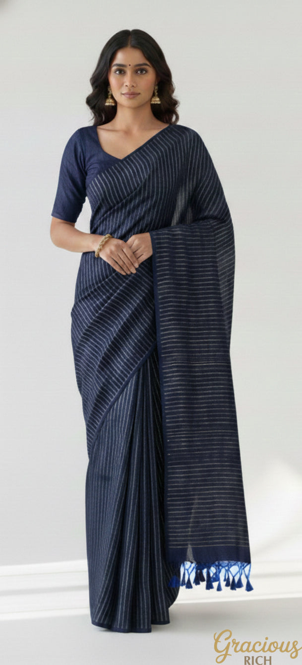 Violet Blue Color Khadi Cotton Zari Stripes Saree with plain blouse