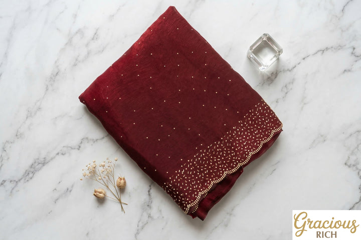 Dark Red Color Space Silk Original fabric with Jharkhand stone cutwork border
