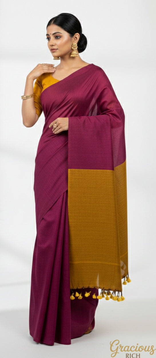 Purple Lily Color Khadi Cotton Saree with contrast blouse & Pallu