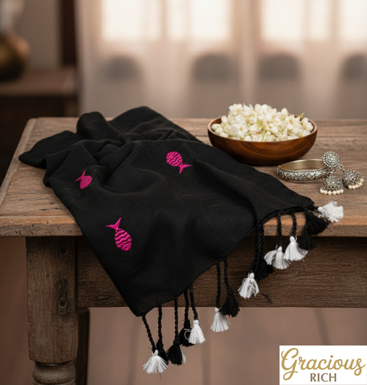 Black Color Kadhi Fish Embroidery Saree with running blouse