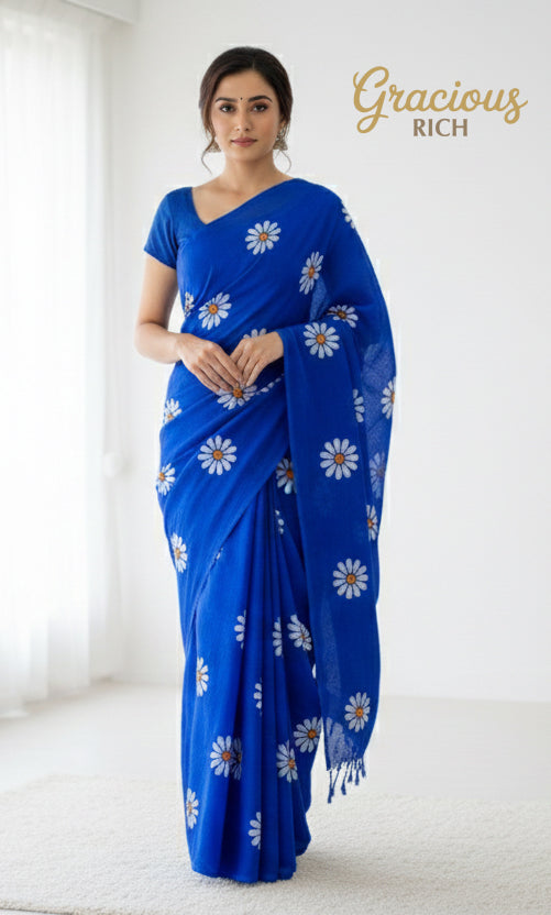 Blue Color Sunflower Khadi Cotton Saree