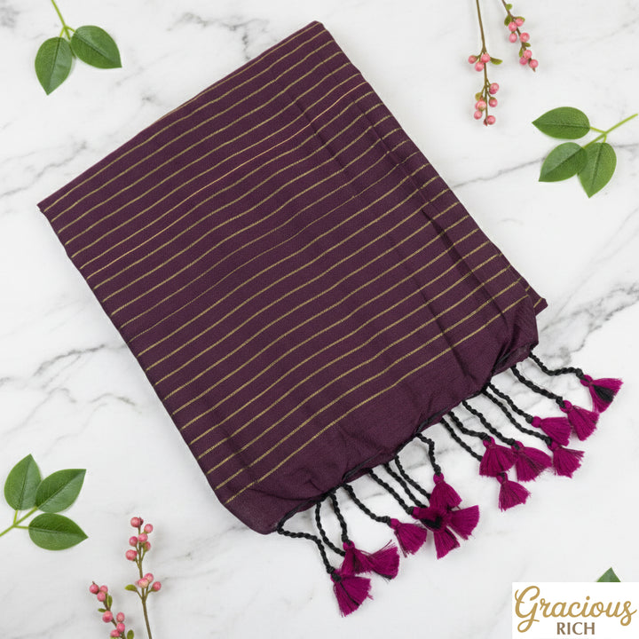 Wine Color Kadhi Cotton Zari Stripes Saree with plain blouse