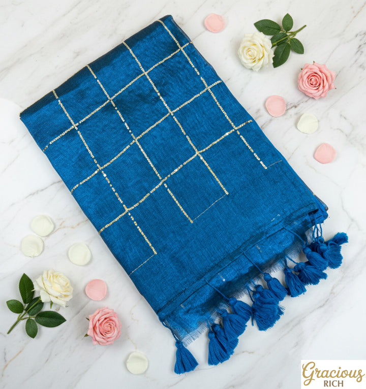 Blue Color Khadi Tissue sequence Saree