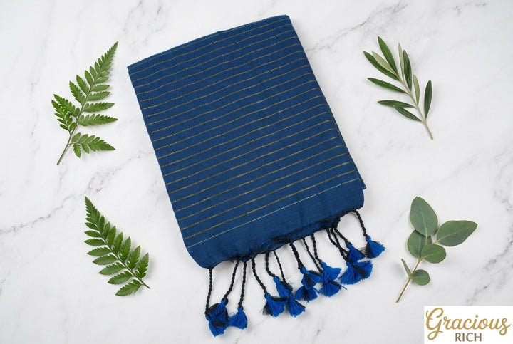 Blue Color Khadi Cotton Zari Stripes Saree with plain blouse