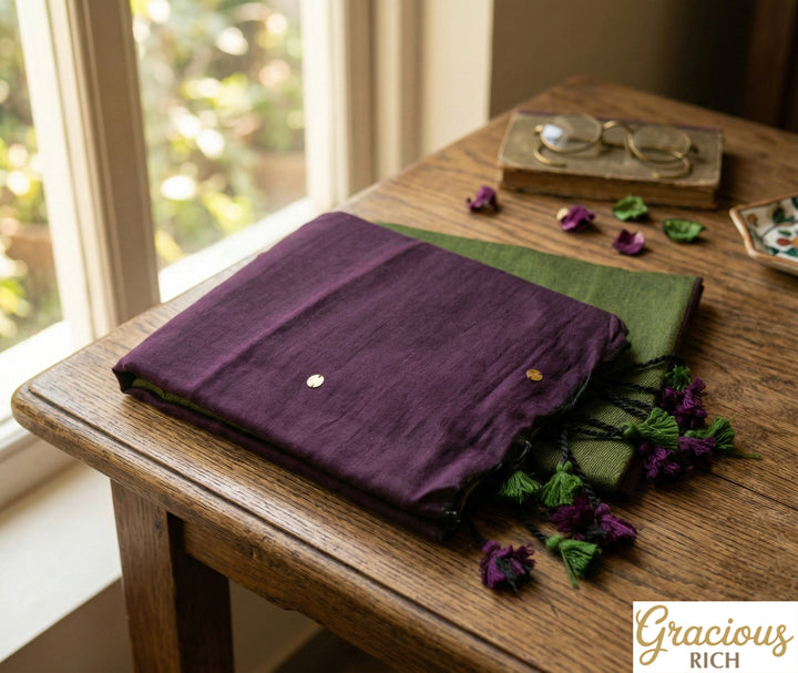 Leafy Green Color Khadi Gini Saree with contrast Pallu & blouse