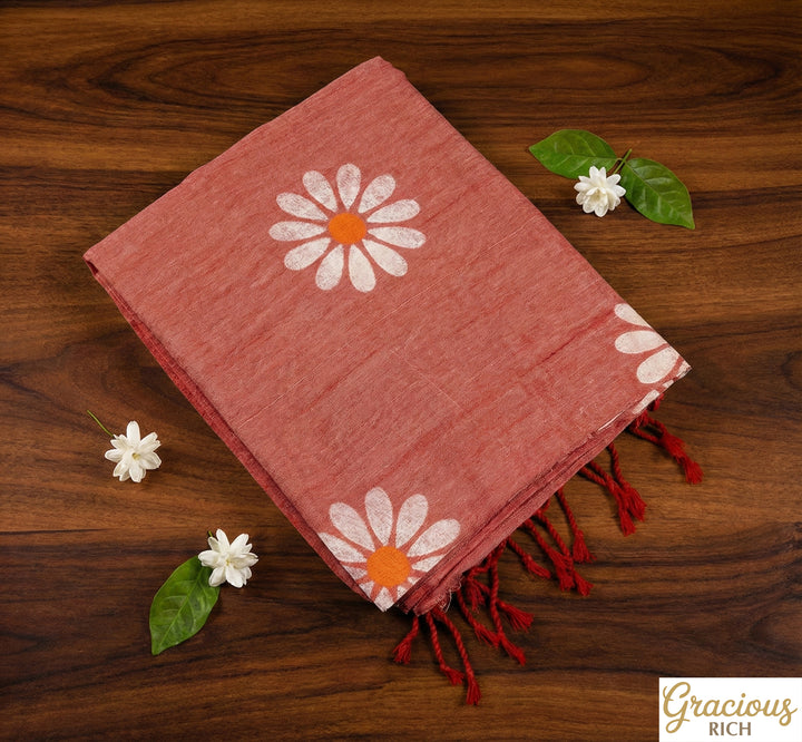 Pale Red Color Sunflower Khadi Cotton Saree