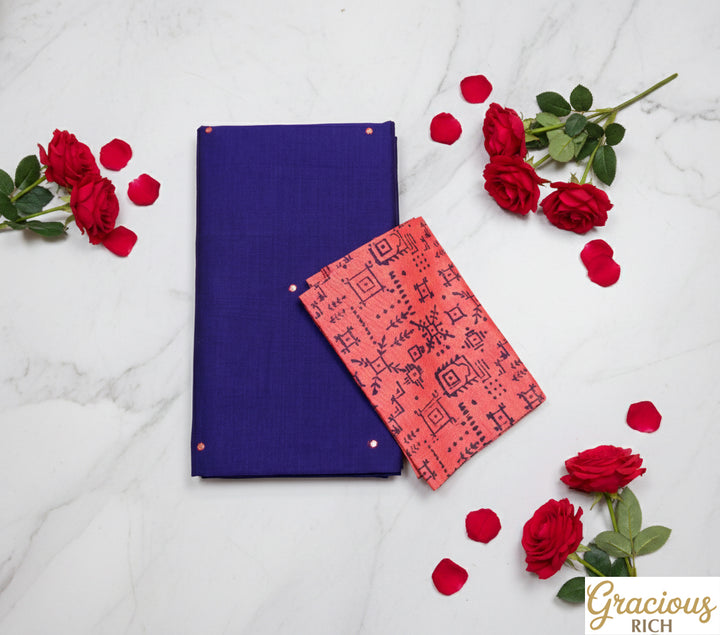 Violet Blue Color Semi Plain Glasswork Cotton Saree with contrast Color Blouse