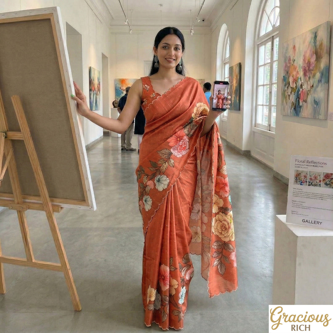 🌸 Floral Tusser Silk Saree