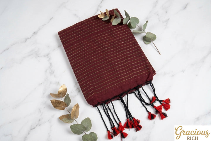 Red Color Khadi Cotton Zari Stripes Saree with plain blouse