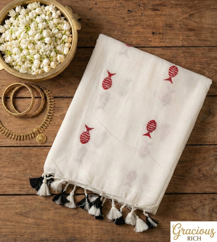 White Color Kadhi Fish Embroidery Saree with running blouse
