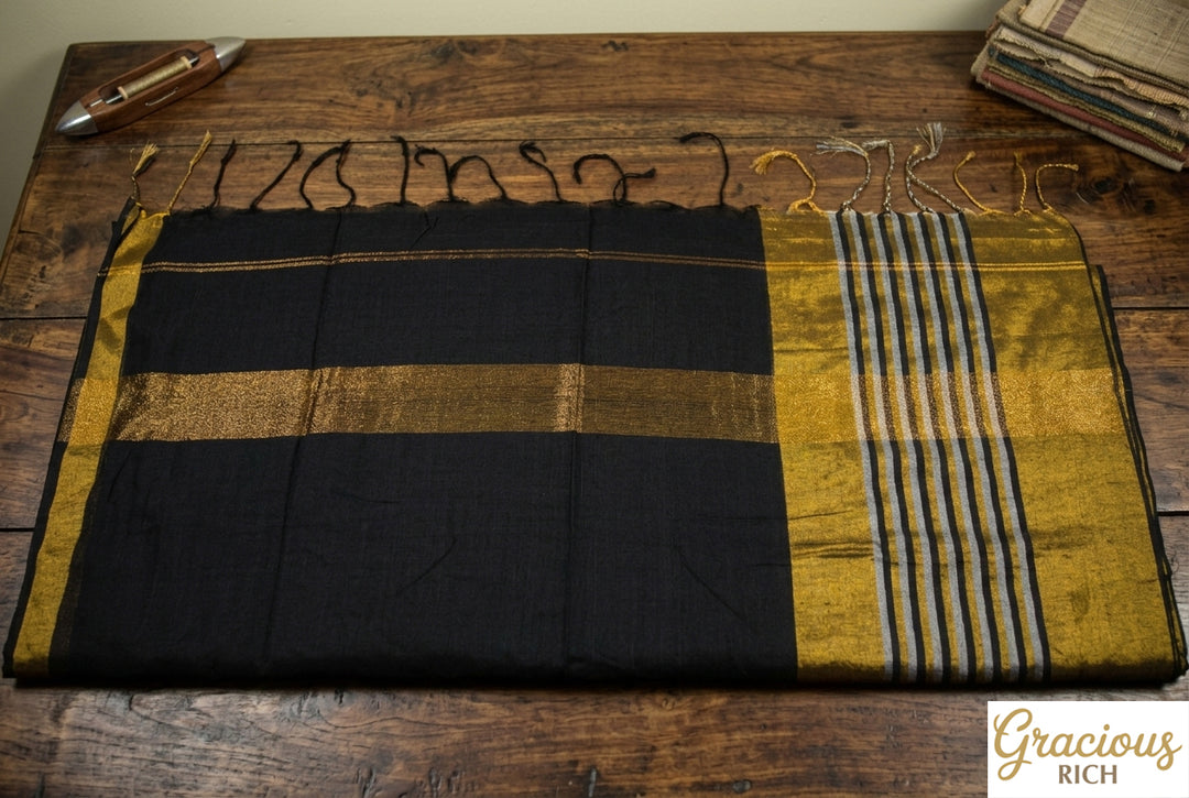 Black Cotton and tissue Saree (Small Zari in pallu)