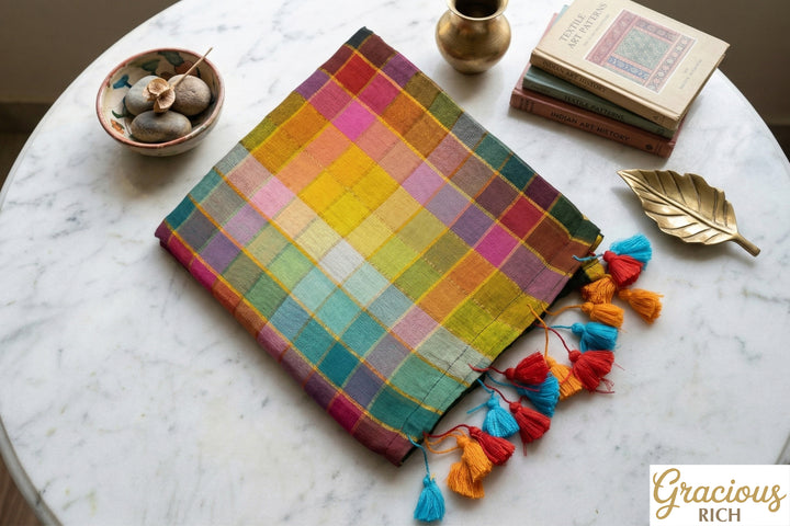 Zari Mul Cotton Rainbow Saree (Dark Green)