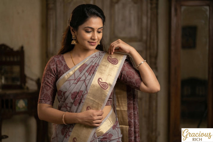 Sheet Metal Color Handloom Fancy Cotton Saree