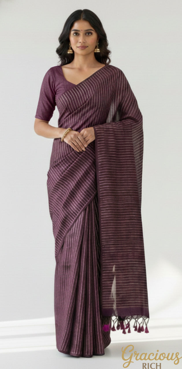 Wine Color Kadhi Cotton Zari Stripes Saree with plain blouse