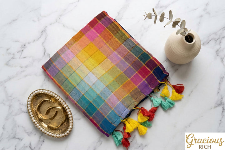 Zari Mul Cotton Rainbow Saree (Dark Blue)