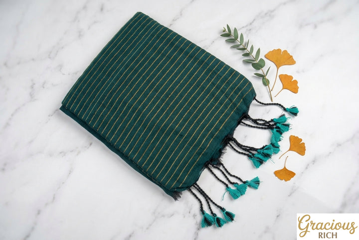 Dark Green Color Khadi Cotton Zari Stripes Saree with plain blouse
