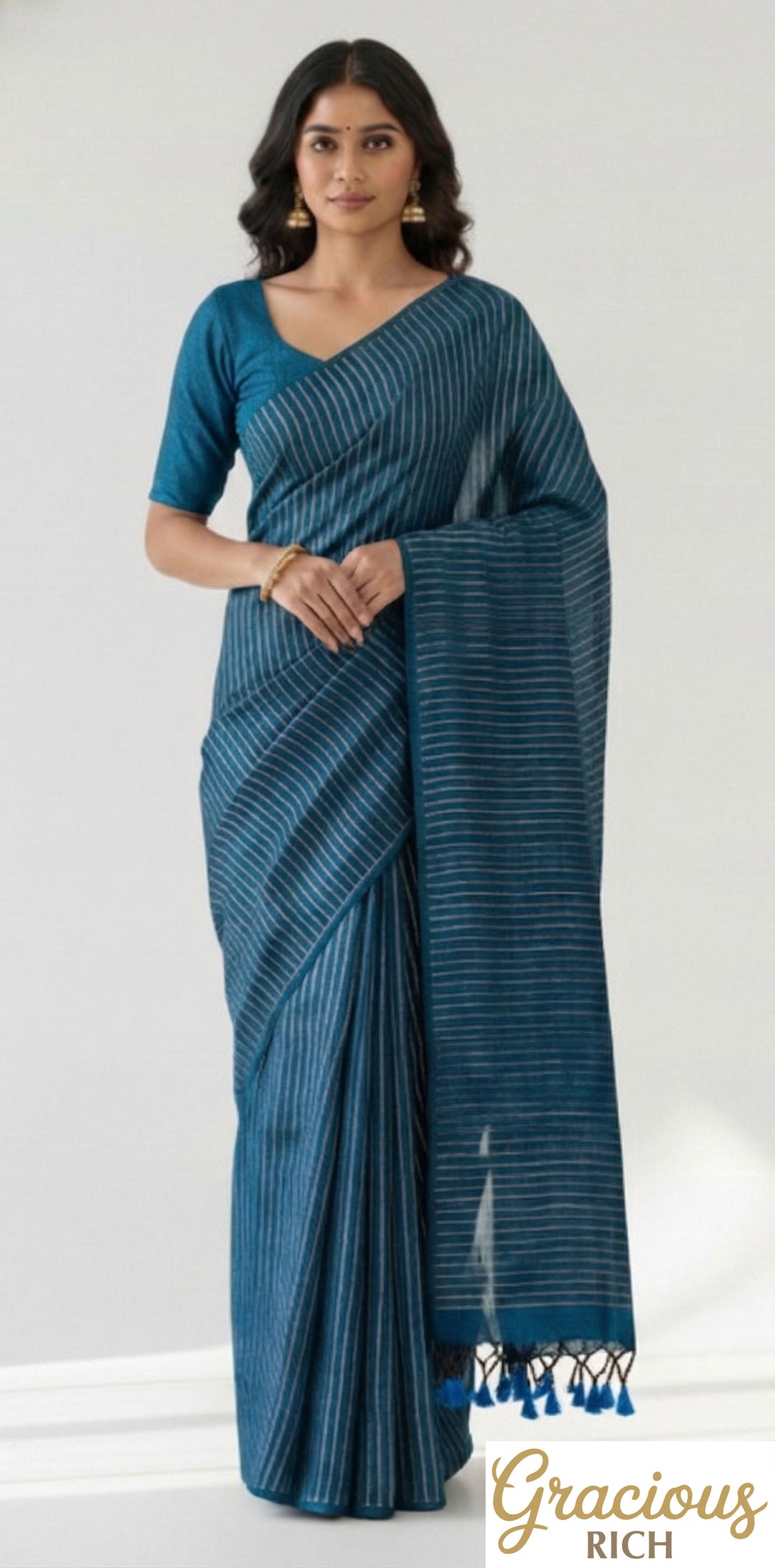 Blue Color Khadi Cotton Zari Stripes Saree with plain blouse