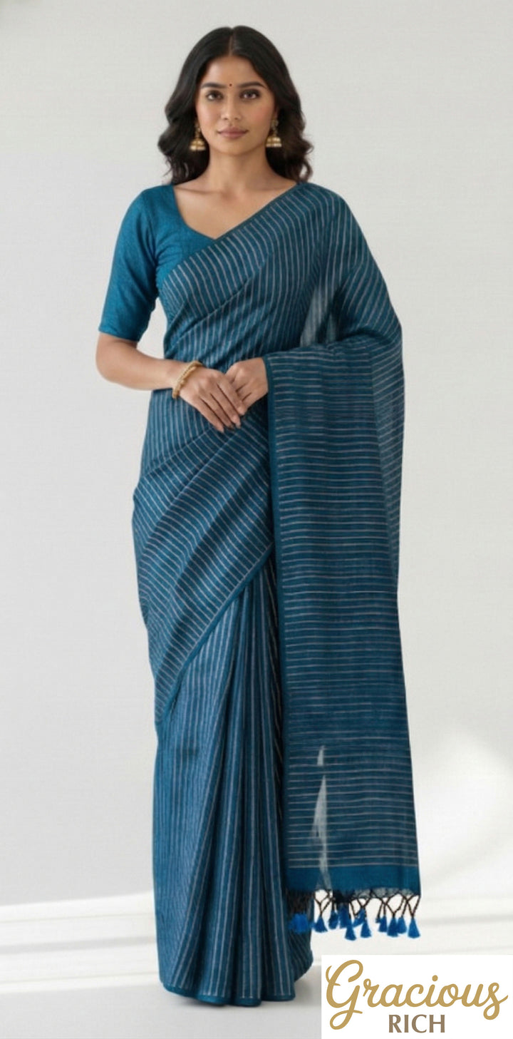 Blue Color Khadi Cotton Zari Stripes Saree with plain blouse