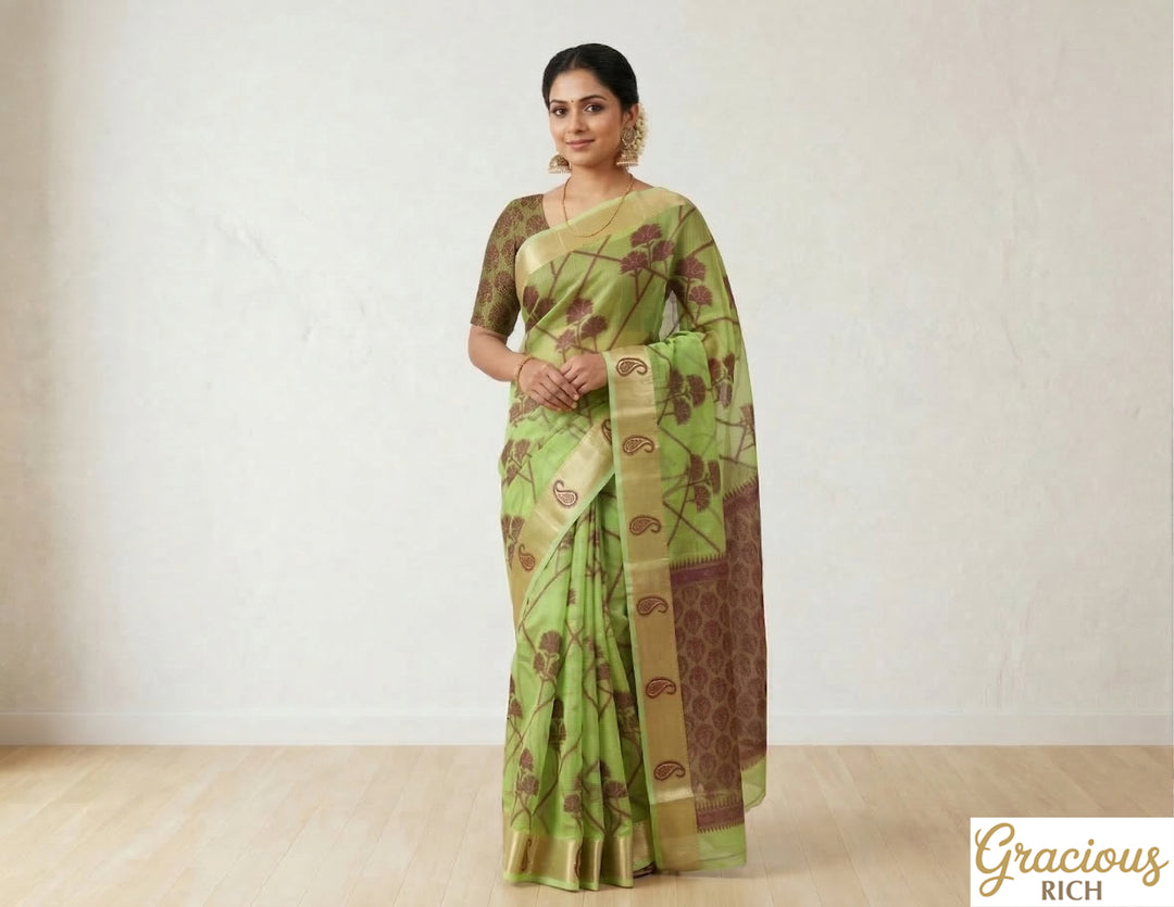 Green Peas Color Handloom Fancy Cotton Saree