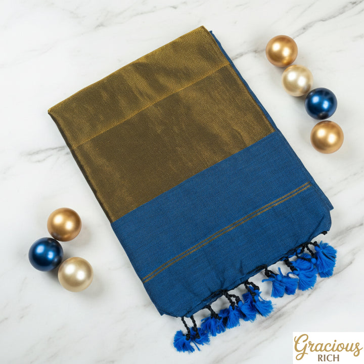 Blue Color Kadhi Cotton plain Saree Zari Pallu with plain blouse